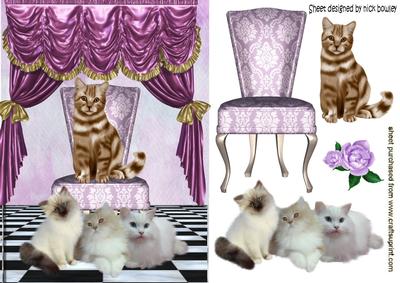 Cats and Kittens with Chair and Satin Drapes