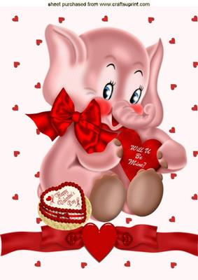 Cute Little Ele with Be Mine on Heart, with Heart Cake A4