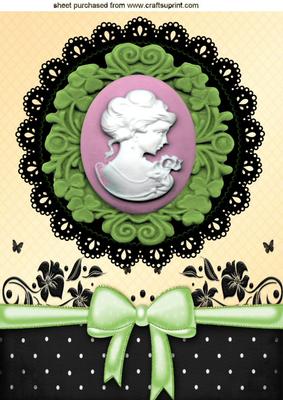 Vintage Cameo of Pretty Lady on Black Lace & Bow A4