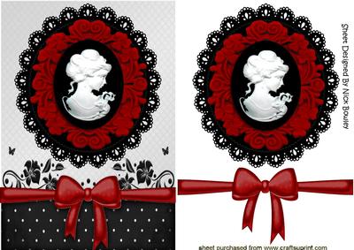 Red Cameo of Pretty Lady on Black Lace & Bow