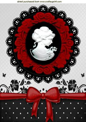 Cameo of Pretty Lady on Black Lace Red & Bow
