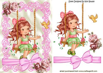 Little Girl on Her Swing with Bow and Pink Roses