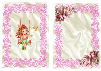 Little Girl on Her Swing with Bow and Pink Roses A5 Insert