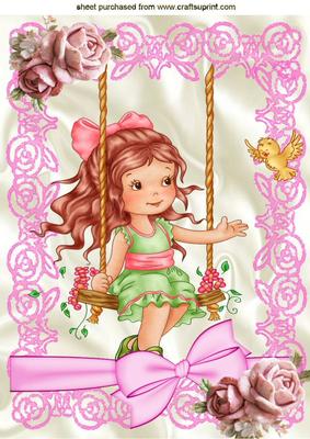 Little Girl on Her Swing with Bow and Pink Roses A4