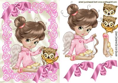 Sweet Little Angel Girl with Cute Owl and Bows
