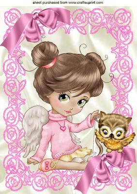 Sweet Little Angel Girl with Cute Owl and Bows A4