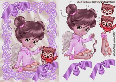 Sweet Little Angel with Cute Owl and Lilac Bows
