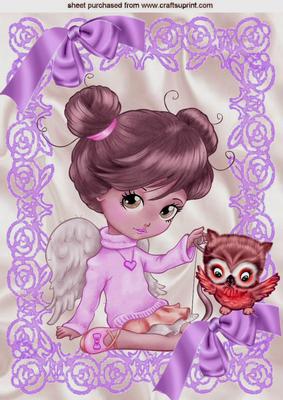 Sweet Little Angel with Cute Owl and Lilac Bows A4