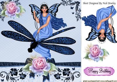 Pretty Faerie on a Blue Dragonfly, with Pink Roses 8x8