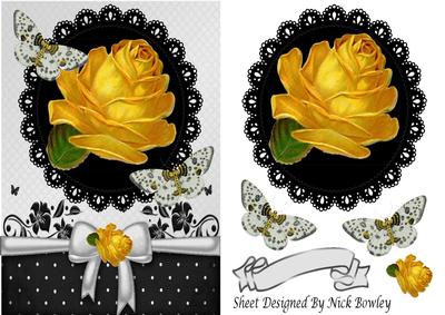 Vintage Yellow Rose with Butterflies and Bow