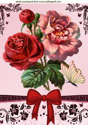 Pretty Red Vintage Roses with Butterflies and Bow A4