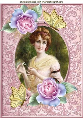 Vintage Lady with Roses and Butterflies A4
