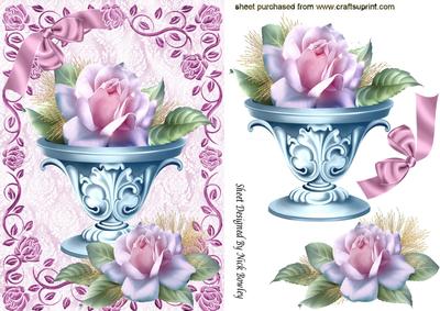 Ornate Flower Vase, with Pink Roses, in Rose Frame and Bow