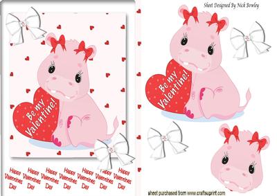 Cute Little Pink Valentine Hippo, with Bows & Heart