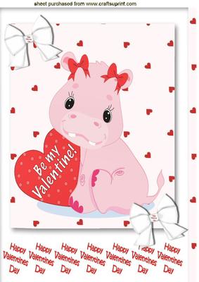 Cute Little Pink Valentine Hippo, with Bows & Heart A4