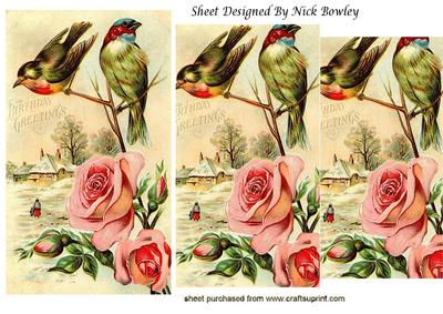 Vintage Winter Scene of Birds and Pink Roses Pyramids