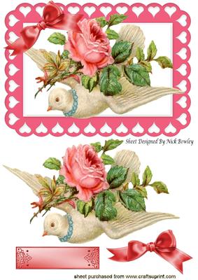 Vintage Dove with Pretty Roses and Flowers in Heart Frame