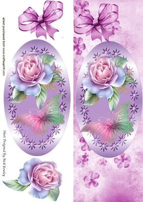 Pink Roses and Butterflies in Ornate Frame with Bow Tall Dl