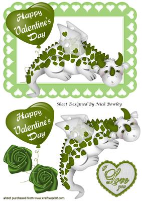 Cute Little Green Dragon with Heart and Rose