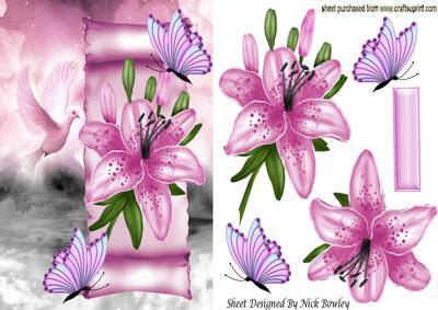 Pink Lillies and Butterflies on a Scroll with Dove