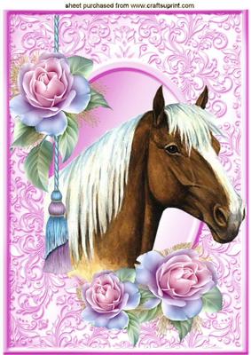 Beautiful Palomino Horse with Pink Roses in Ornate Frame A4