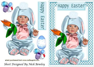 Baby Boy in Easter Bunny Outfit with Eggs