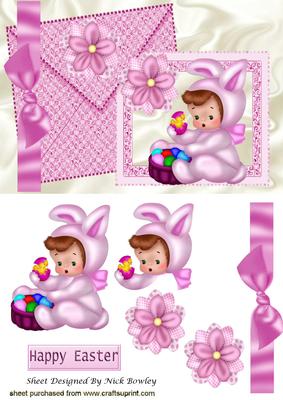 Baby Girl in Bunny Suit, with Flowers on a Card & Envelope