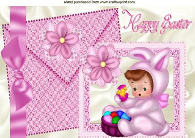 Baby Girl in Bunny Suit with Flowers on Card & Envelope A4