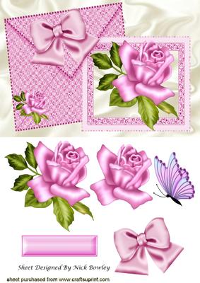 Pretty Pink Roses and Bow on Card and Envelope