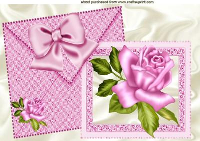 Pretty Pink Roses and Bow on Card and Envelope A4