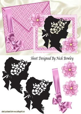 Vintage Silhoutte Lady with Bow on Card and Envelope