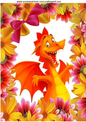 Cute Little Orange Dragon in Flower Frame A4