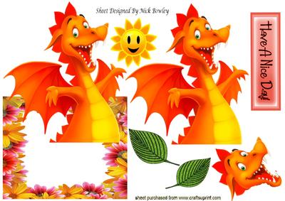 Cute Little Orange Dragon in Flower Frame Over the Edge