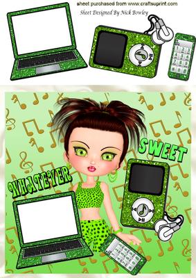 Trendy Girl in Green with Laptop, Mobile, Mp3 Player 8x8