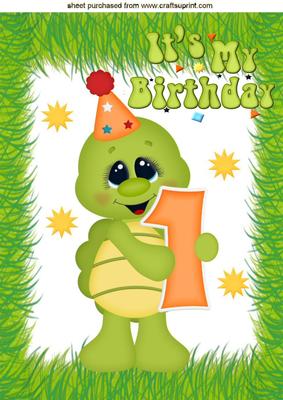 First Birthday, Little Green Turtle in Party Hat, A4