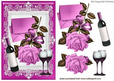 Pretty Pink Rose with Letter and Wine