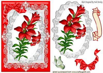 Pretty Red Lily on Lace Wih Bow Card & Topper