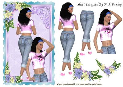 Modern Girl in Denim in Flower Frame