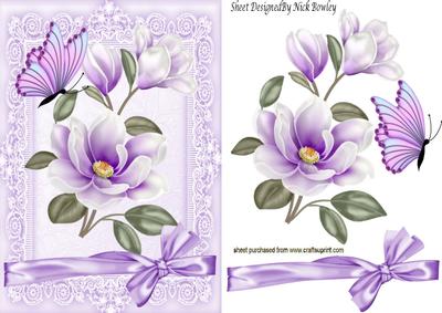 Pretty Lilac Magnolias, in Lace Frame with Butterfly