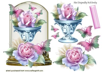 Pink Roses, in a Pretty Urn with Butterflies in Glass Dome