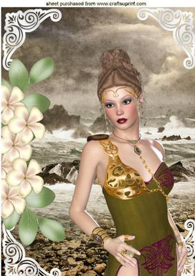 Pretty Celtic Girl by the Seashore with Cream Flowers A4