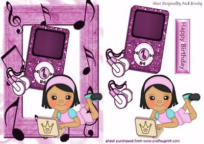 Ethnic Girl with Her Pink Mp3 Player and Laptop