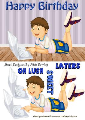 Boy Playing on His Laptop, with Words