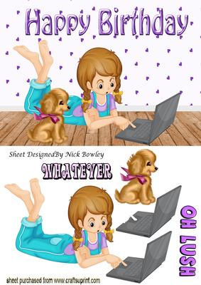 Little Girl with Her Laptop and Little Puppy