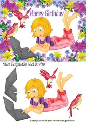 Girl in a Garden of Flowers on Her Laptop with Birds