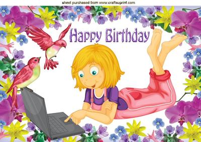 Girl in a Garden of Flowers on Her Laptop with Birds A4