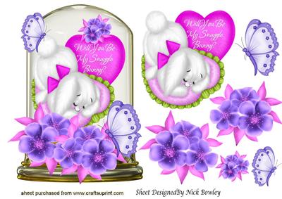 Be My Snuggle Bunny, in a Dome, Pink Flowers and Butterflies