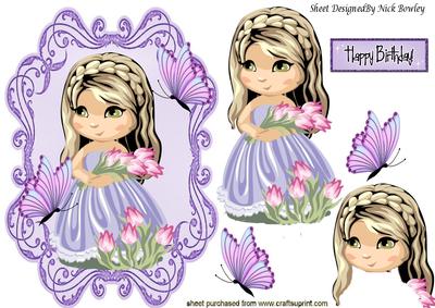 Pretty Girl with Bunch of Tulips and Butterflies