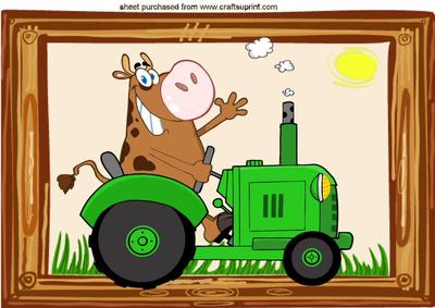 Cartoon Silly Moo Sitting on a Tractor A4