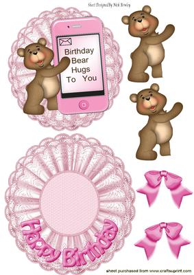 Birthday Bear, Mobile Phone Hugs, on Rocker Card with Bows